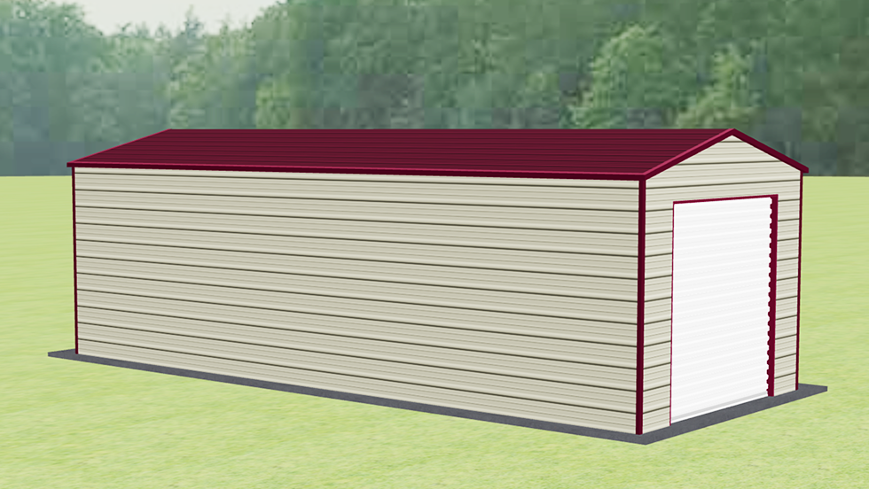 A-frame Roof 12x30' Metal Garage with 140 MPH/30 PSF certification. This 12' wide and 30' long Boxed-eave style roof garage has enclosed walls with roll-up door(s). This carport garage building has is built with 2.5" 14 Gauge Galvanized Tubing.