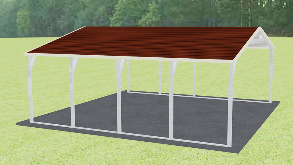 A-frame Roof 20x20 Metal Carport with 140 MPH/30 PSF certification. 20 year rust-thru warranty on 20' wide and 20' long Boxed-eave style roof car port with 2.5" 14 Gauge Galvanized Tubing.