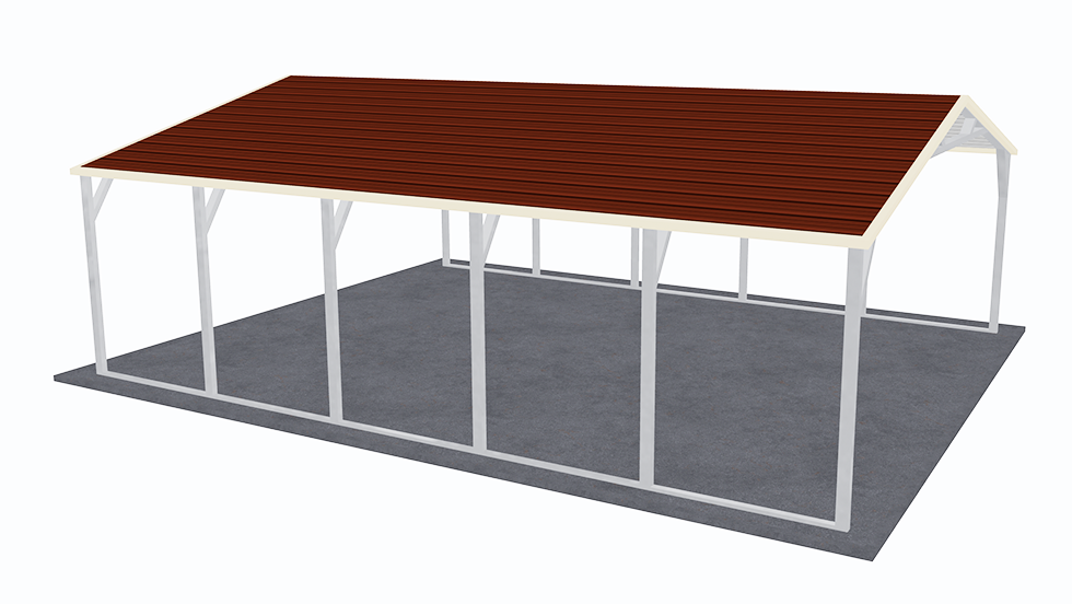 A-frame Roof 20x25 Metal Carport with 140 MPH/30 PSF certification. 20 year rust-thru warranty on 20' wide and 25' long Boxed-eave style roof car port with 2.5" 14 Gauge Galvanized Tubing.