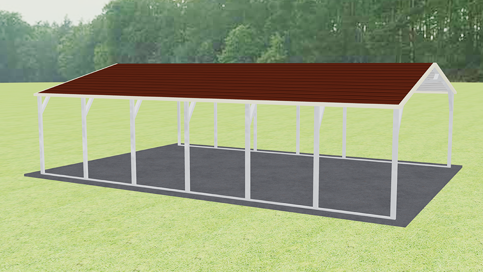 A-frame Roof 20x30 Metal Carport with 140 MPH/30 PSF certification. 20 year rust-thru warranty on 20' wide and 30' long Boxed-eave style roof car port with 2.5" 14 Gauge Galvanized Tubing.