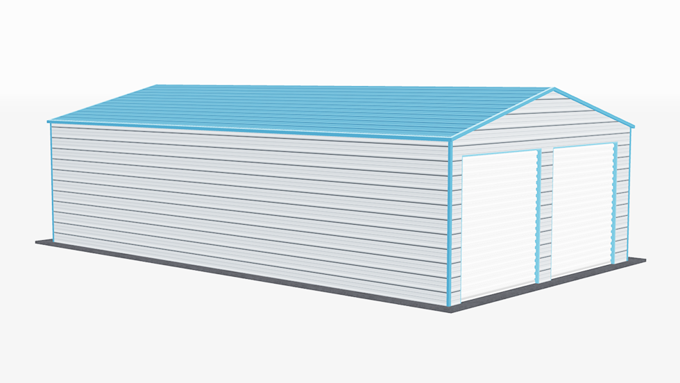 A-frame Roof 20x35' Metal Garage with 140 MPH/30 PSF certification. This 20' wide and 35' long Boxed-eave style roof garage has enclosed walls with roll-up door(s). This carport garage building has is built with 2.5" 14 Gauge Galvanized Tubing.