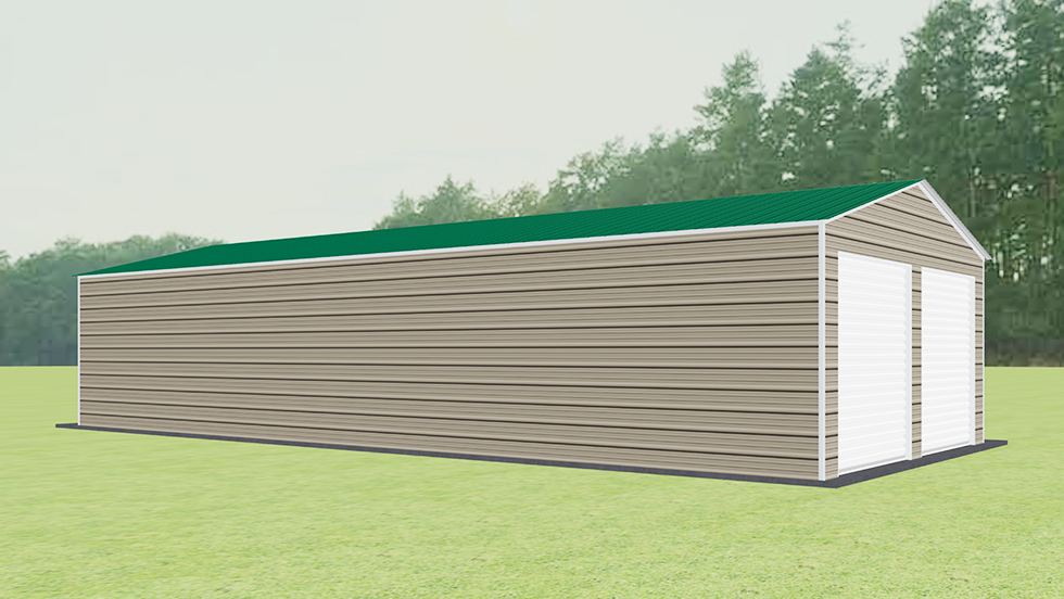 Click to view great prices for 20' wide metal garage with 140 MPH/30 PSF certification. This 20' wide and 45' long garage  has enclosed walls with roll-up door(s). This carport garage building is built with 2.5" 14 Gauge Galvanized Tubing.