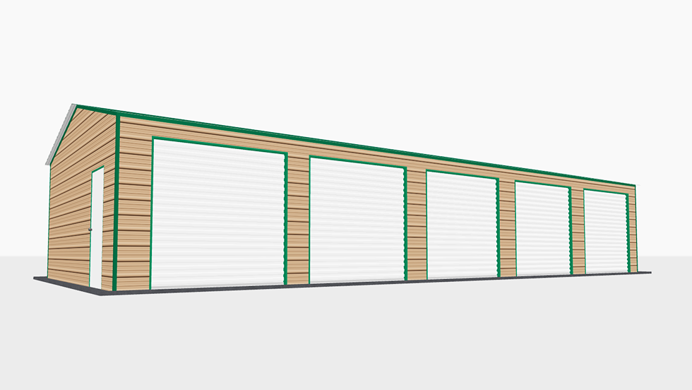Protect your cars, boats, trucks, & other vehicles from harsh weather with this 20 feet wide and 50 feet long  five car side entry enclosed metal garage.  Suitable for 5 cars.